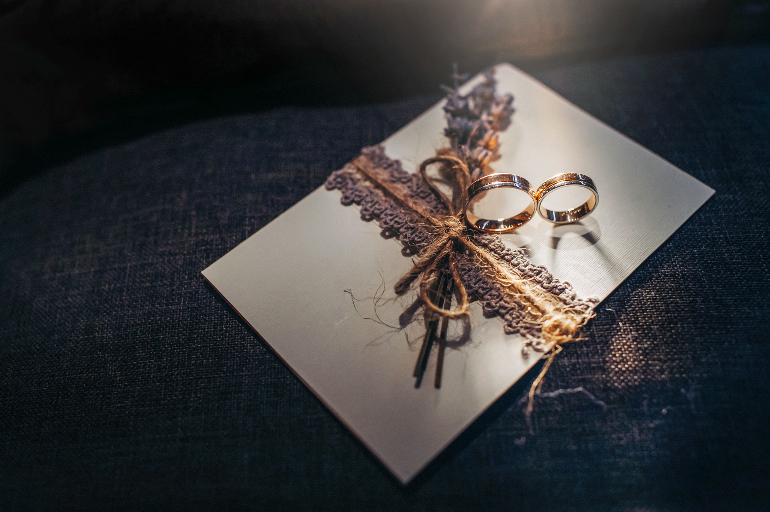 Close-up of two gold wedding rings for a wedding.